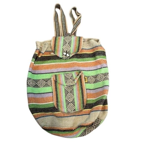 Handwoven Striped Backpack With Button Closure - Picture 1 of 7